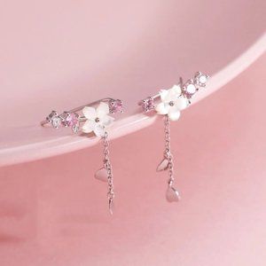 NEW S925 Cubic Zirconia Pink Flower Dangle Earrings